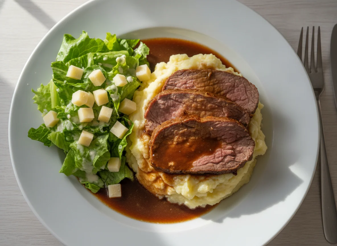 Fleisch mit Kartoffelstock und Salat photo