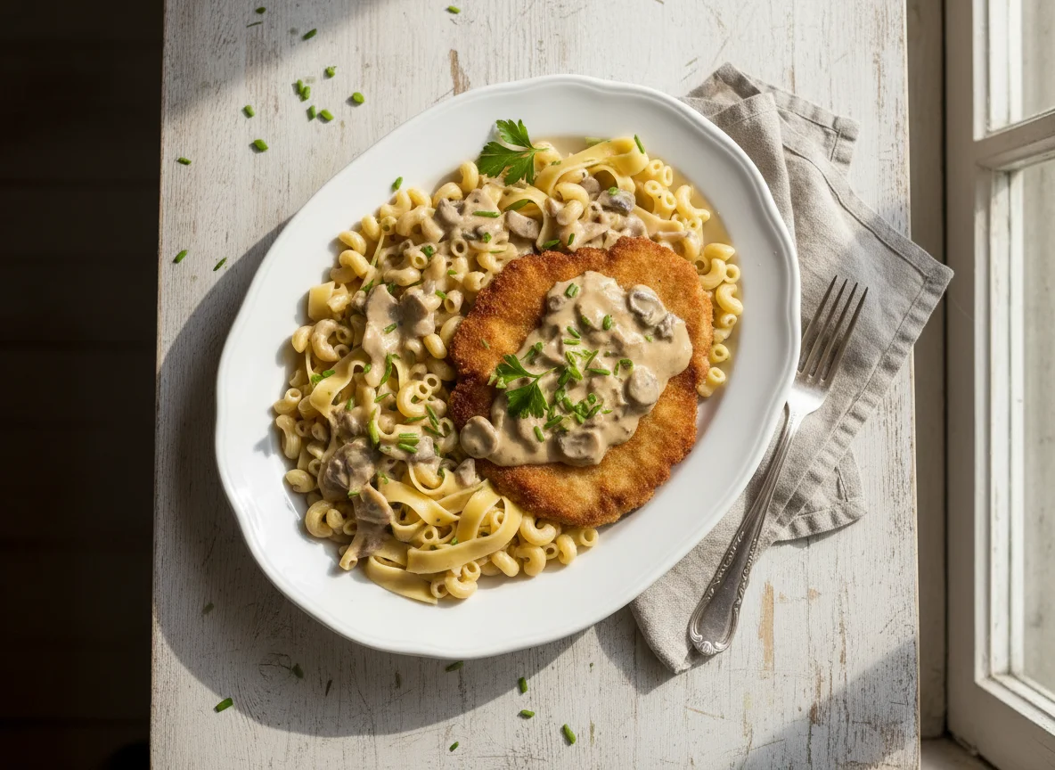 Fleisch mit Nudeln und Sauce photo