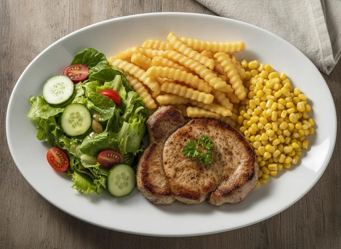 Fleisch mit Pommes, Salat und Mais photo