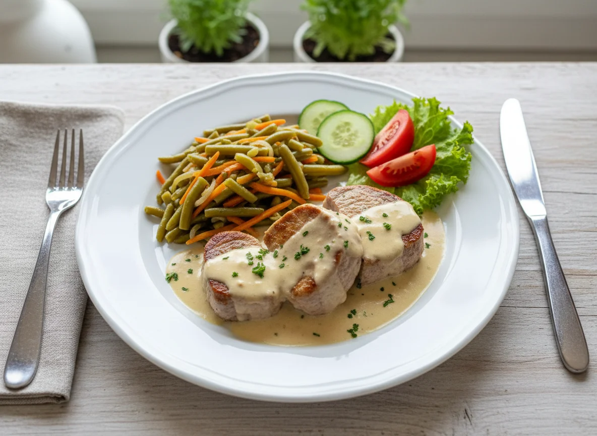 Fleisch mit Rahmsauce und Bohnengemüse photo
