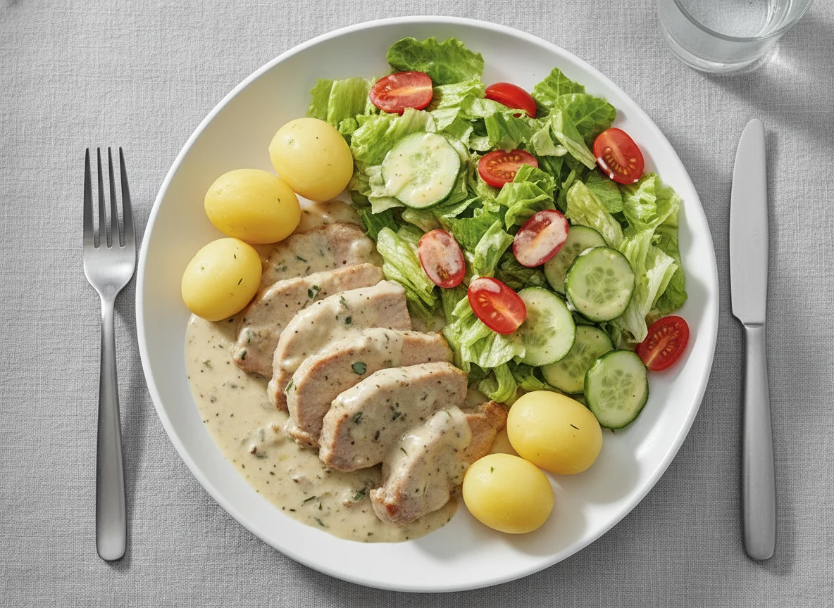 Fleisch mit Rahmsauce und gemischtem Salat photo
