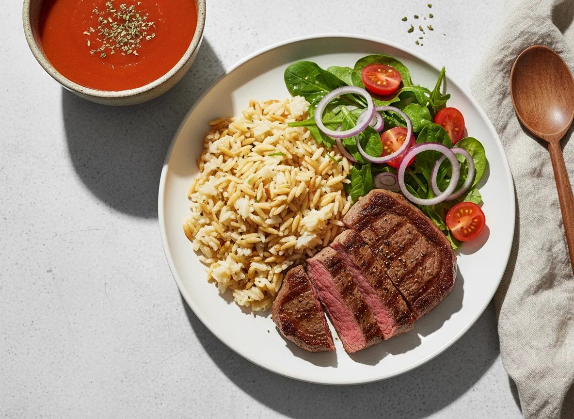 Fleisch mit Reis, Salat und Tomatensuppe photo