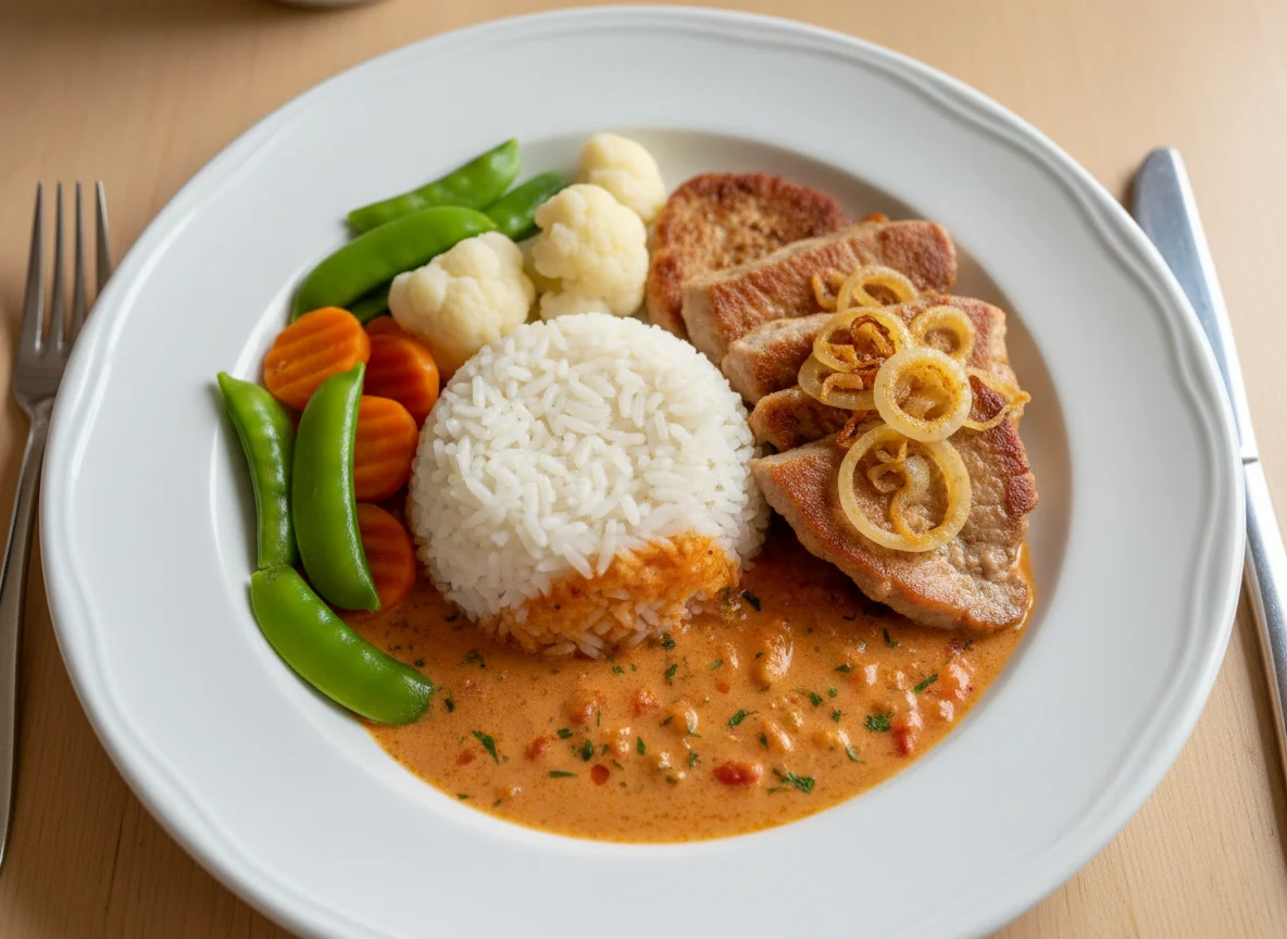Fleisch mit Reis, Sauce und Gemüse photo