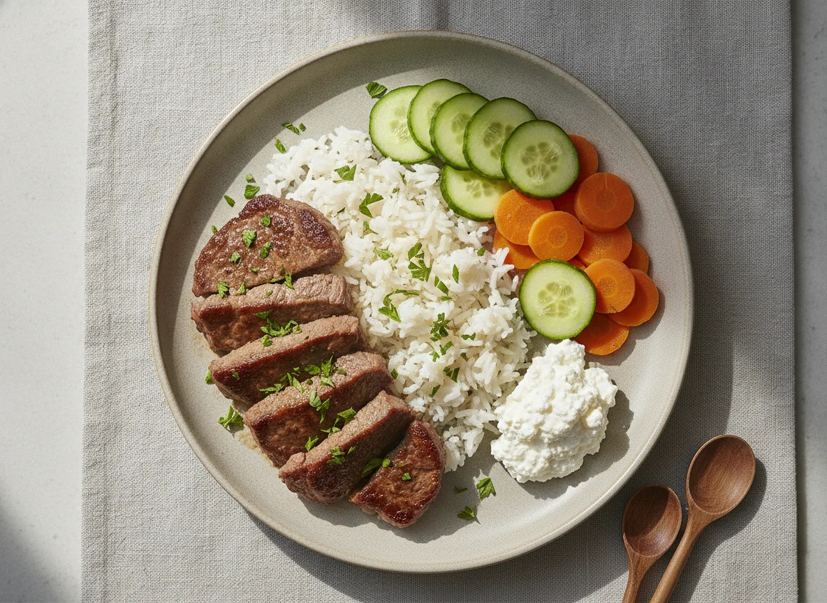 Fleisch mit Reis und Beilagen photo