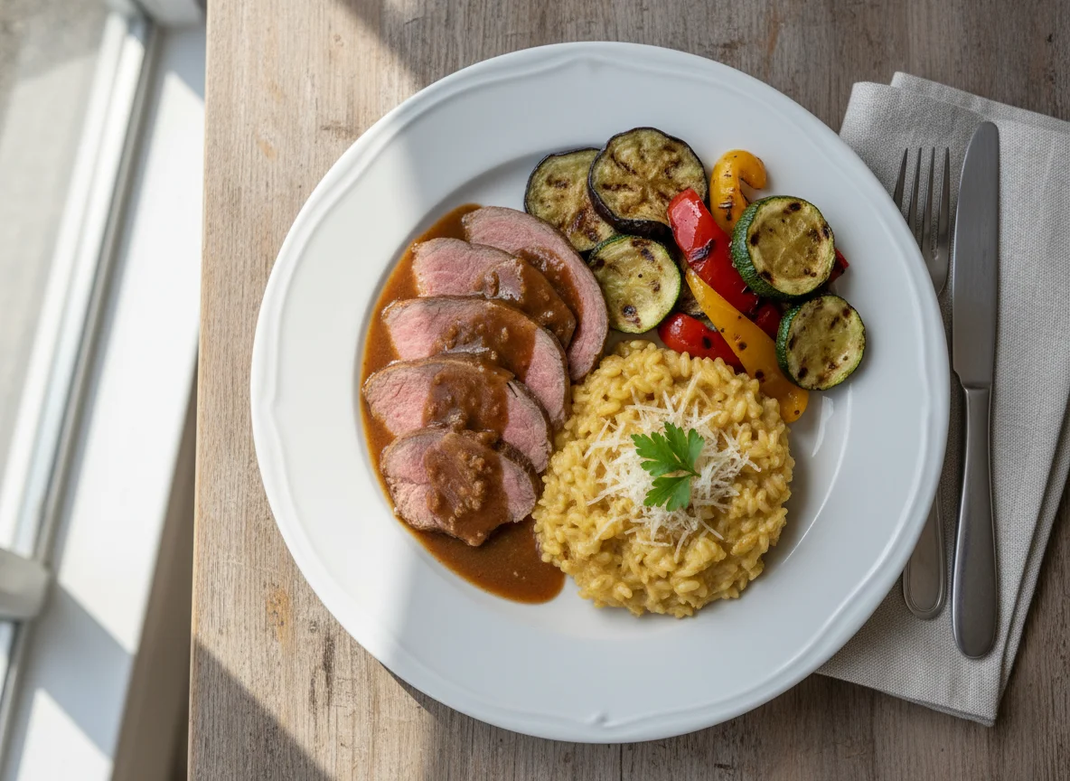 Fleisch mit Risotto und Gemüse photo