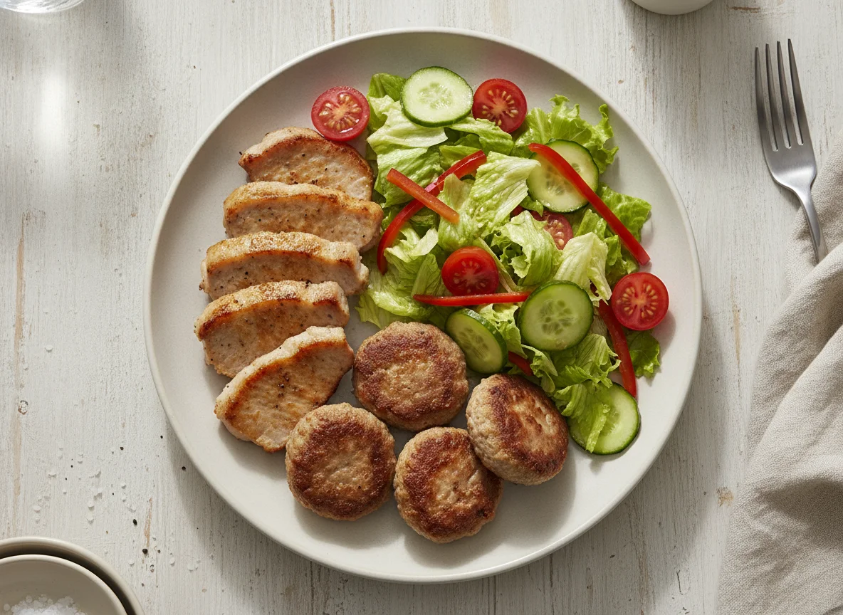 Fleisch mit Salat und Frikadellen photo