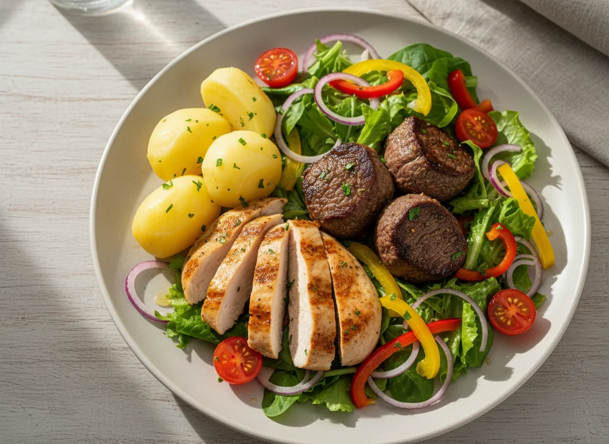 Fleisch mit Salat und Kartoffeln photo