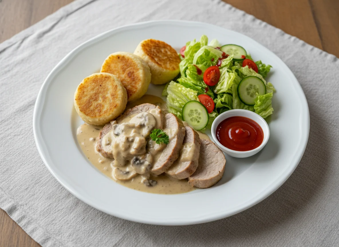 Fleisch mit Sauce, Brotknödeln und Salat photo