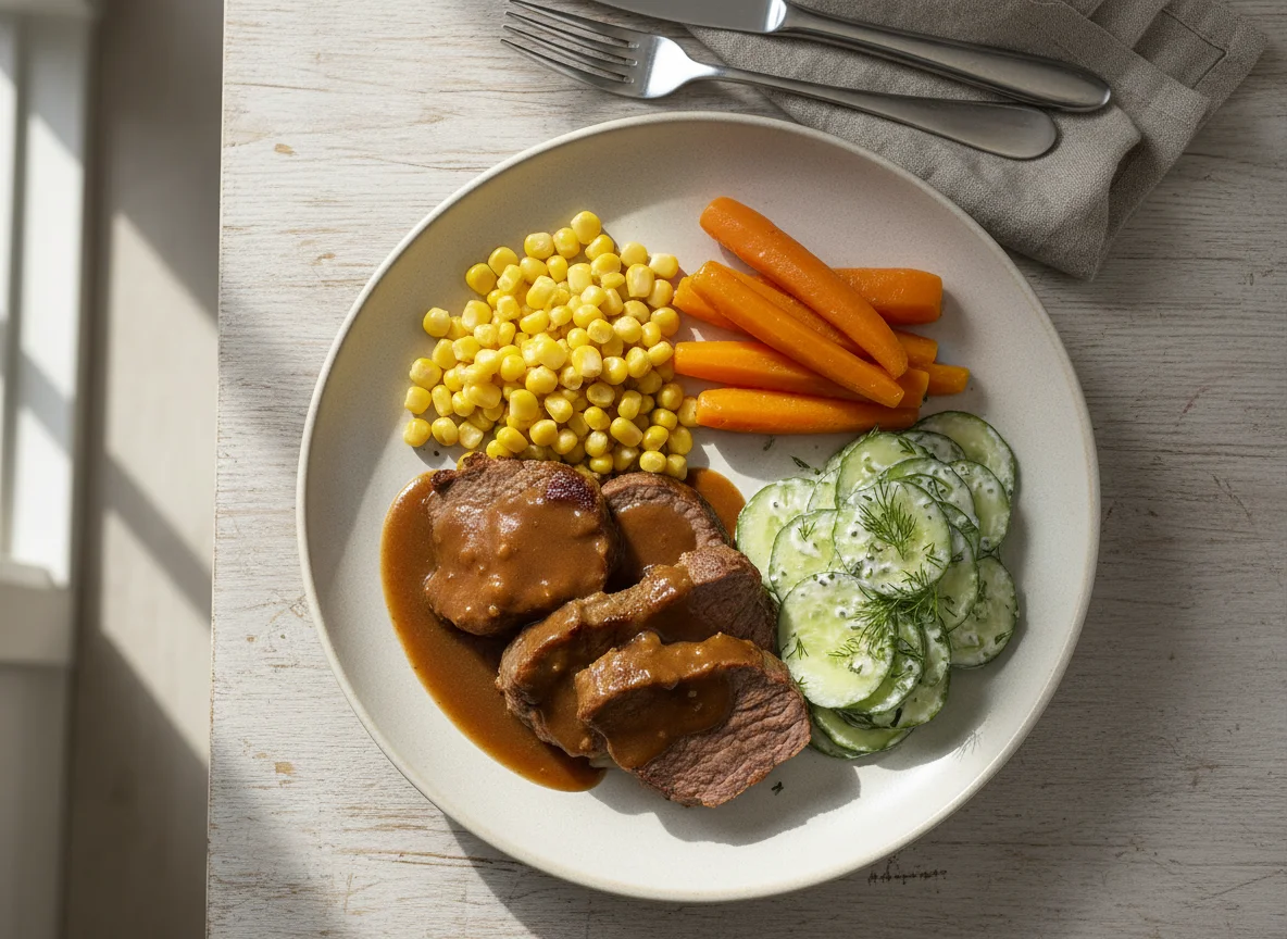 Fleisch mit Sauce, Mais, Karotten und Gurkensalat photo
