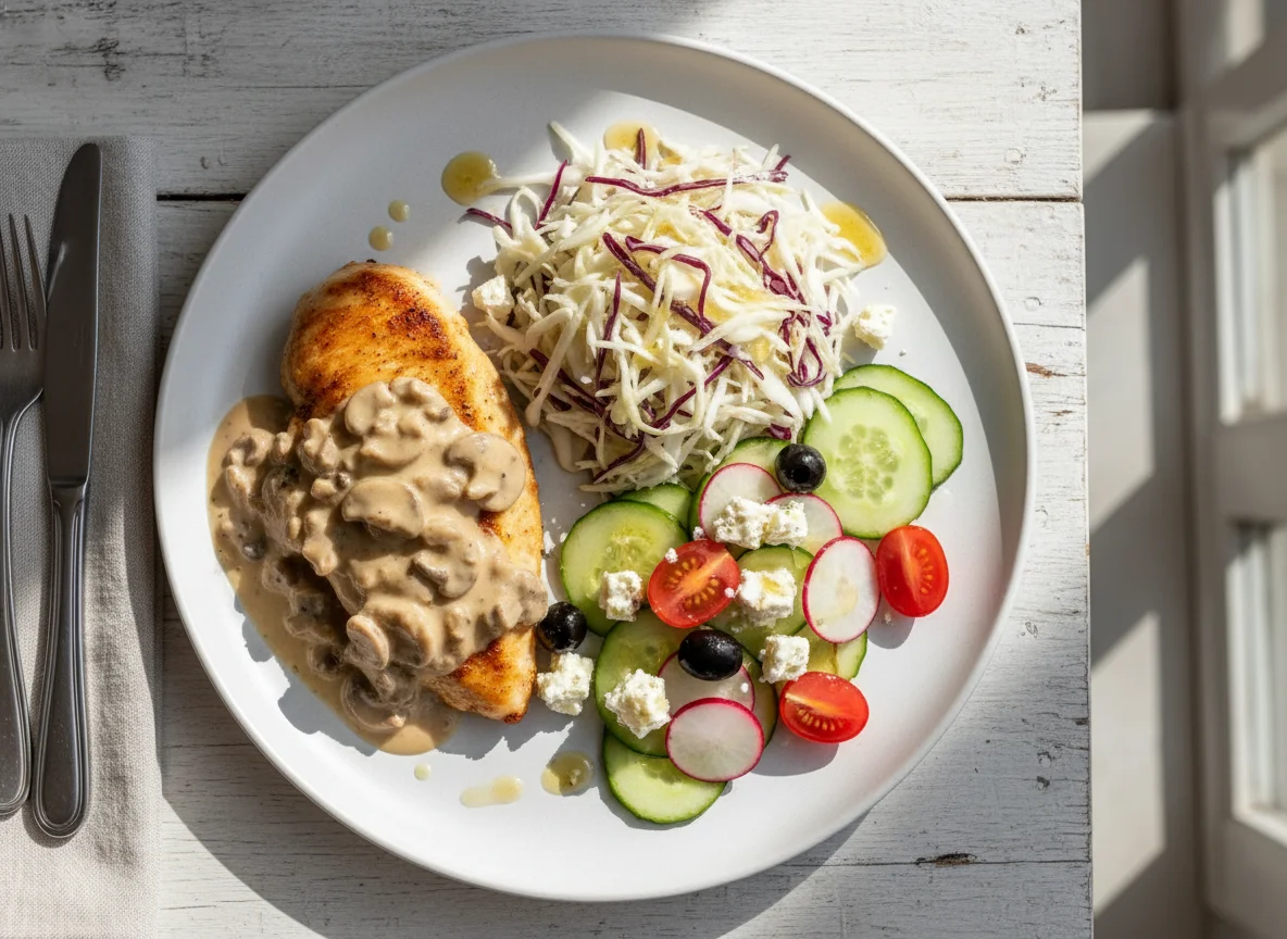 Fleisch mit Sauce und gemischtem Salat photo