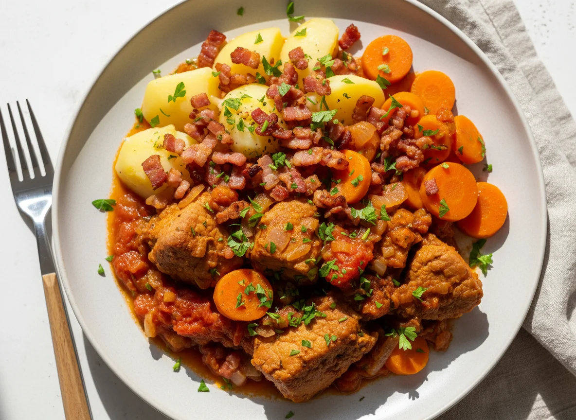 Fleisch mit Tomatensauce, Kartoffeln und Karotten photo