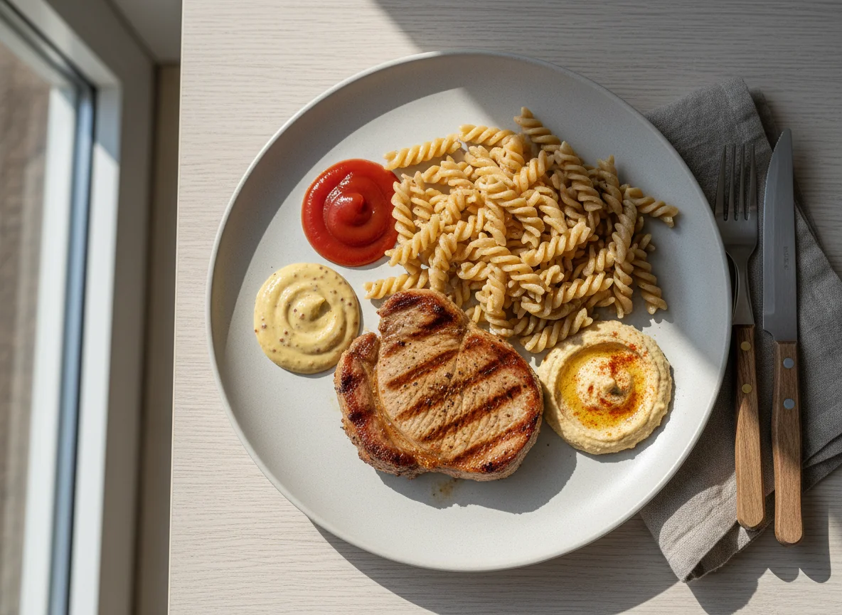 Fleisch mit Vollkornnudeln und Saucen photo