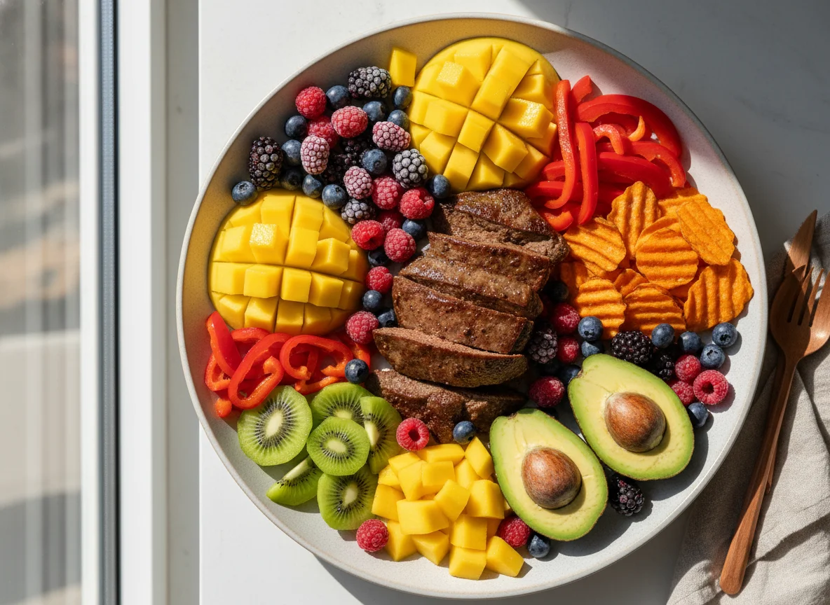 Fleisch und bunte Obst-Gemüse-Platte photo