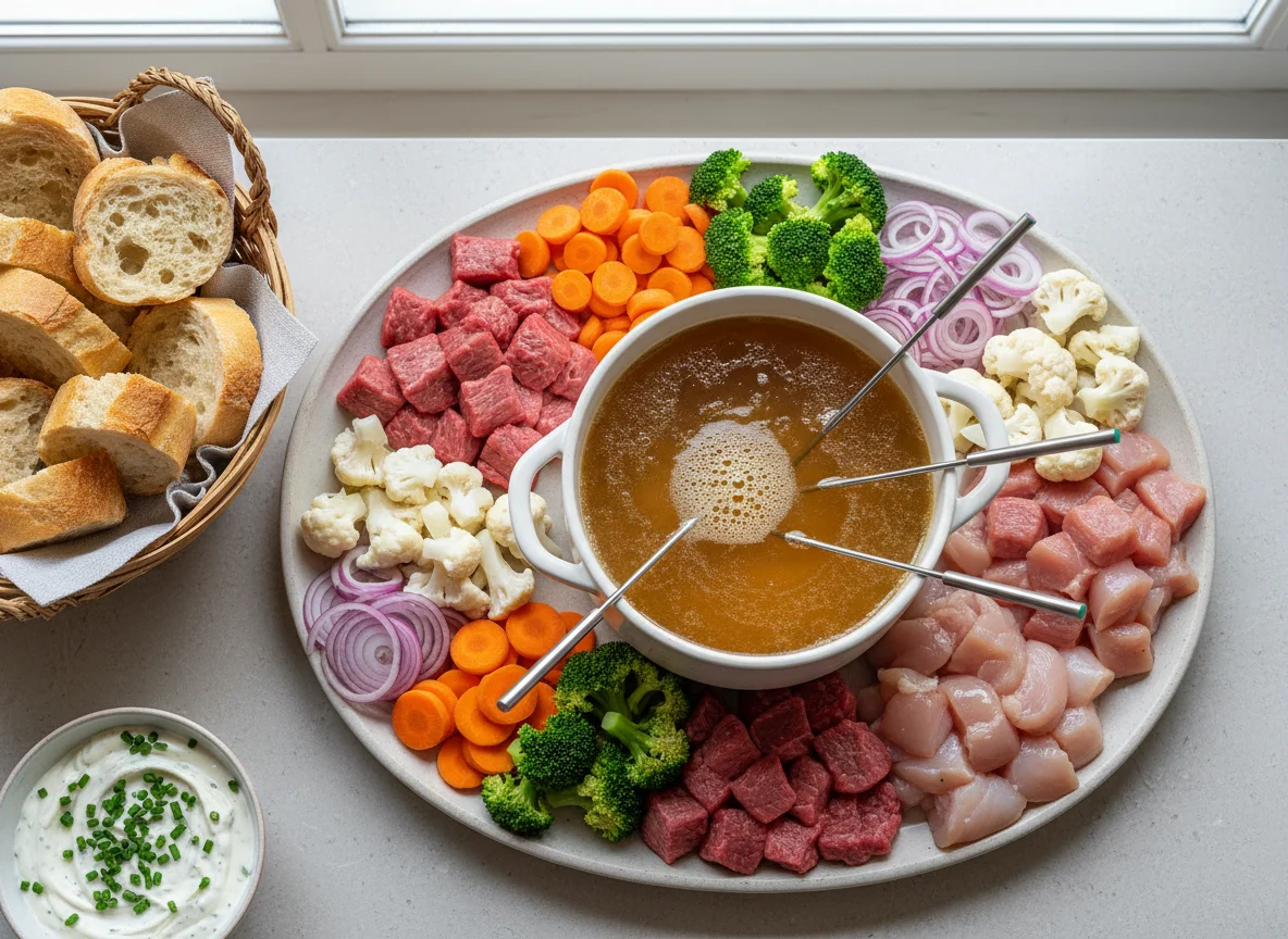 Fleisch- und Gemüsefondue mit Brühe photo