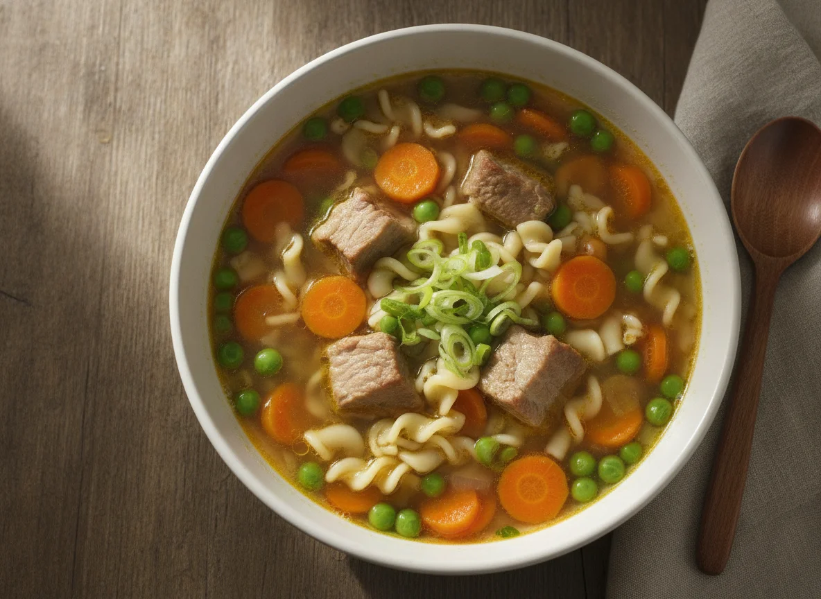 Fleisch- und Gemüsesuppe mit Nudeln photo