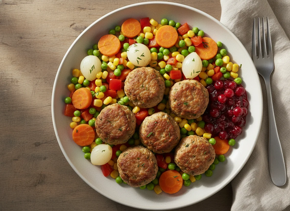 Fleischbällchen mit Gemüse und Preiselbeeren photo