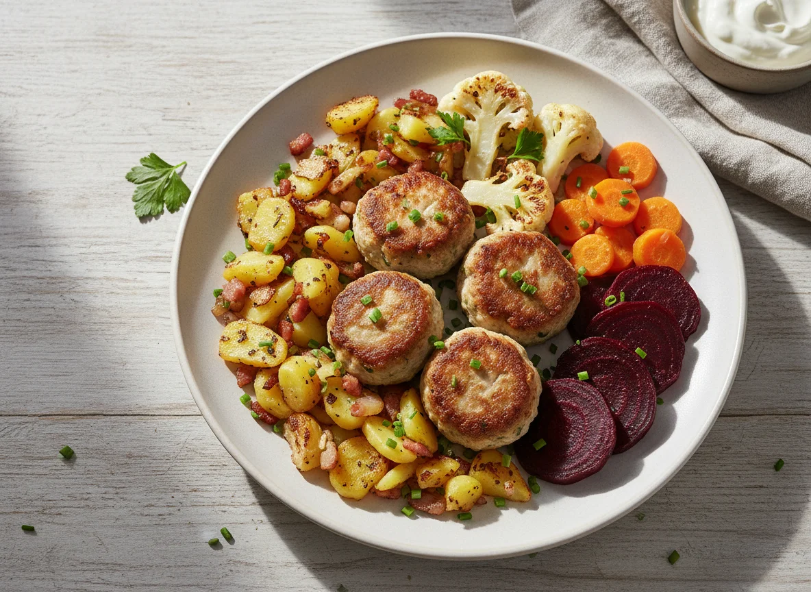 Fleischbällchen mit Kartoffeln und Gemüse photo