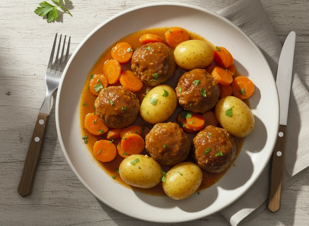 Fleischbällchen mit Kartoffeln und Karotten photo