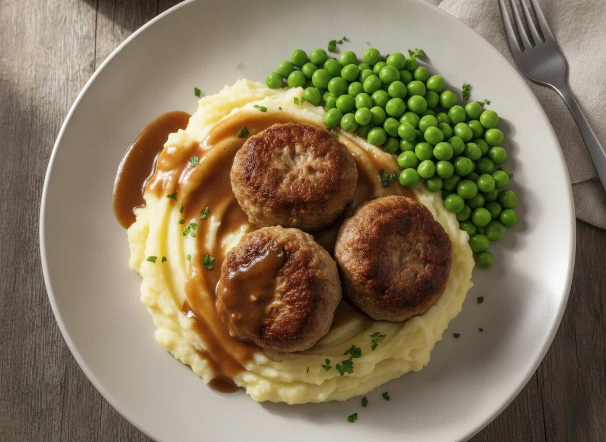 Fleischbällchen mit Kartoffelpüree, Erbsen und Bratensoße photo
