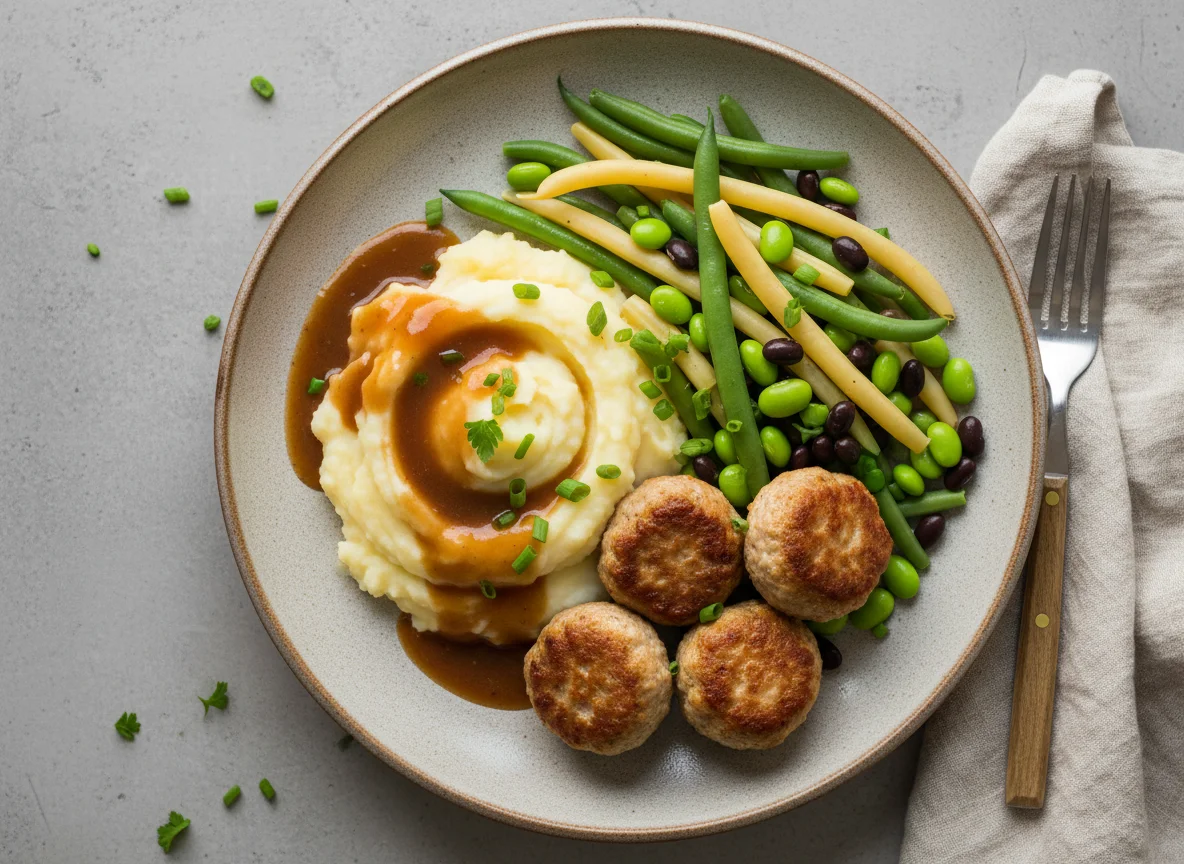 Fleischbällchen mit Kartoffelpüree und Bohnengemüse photo
