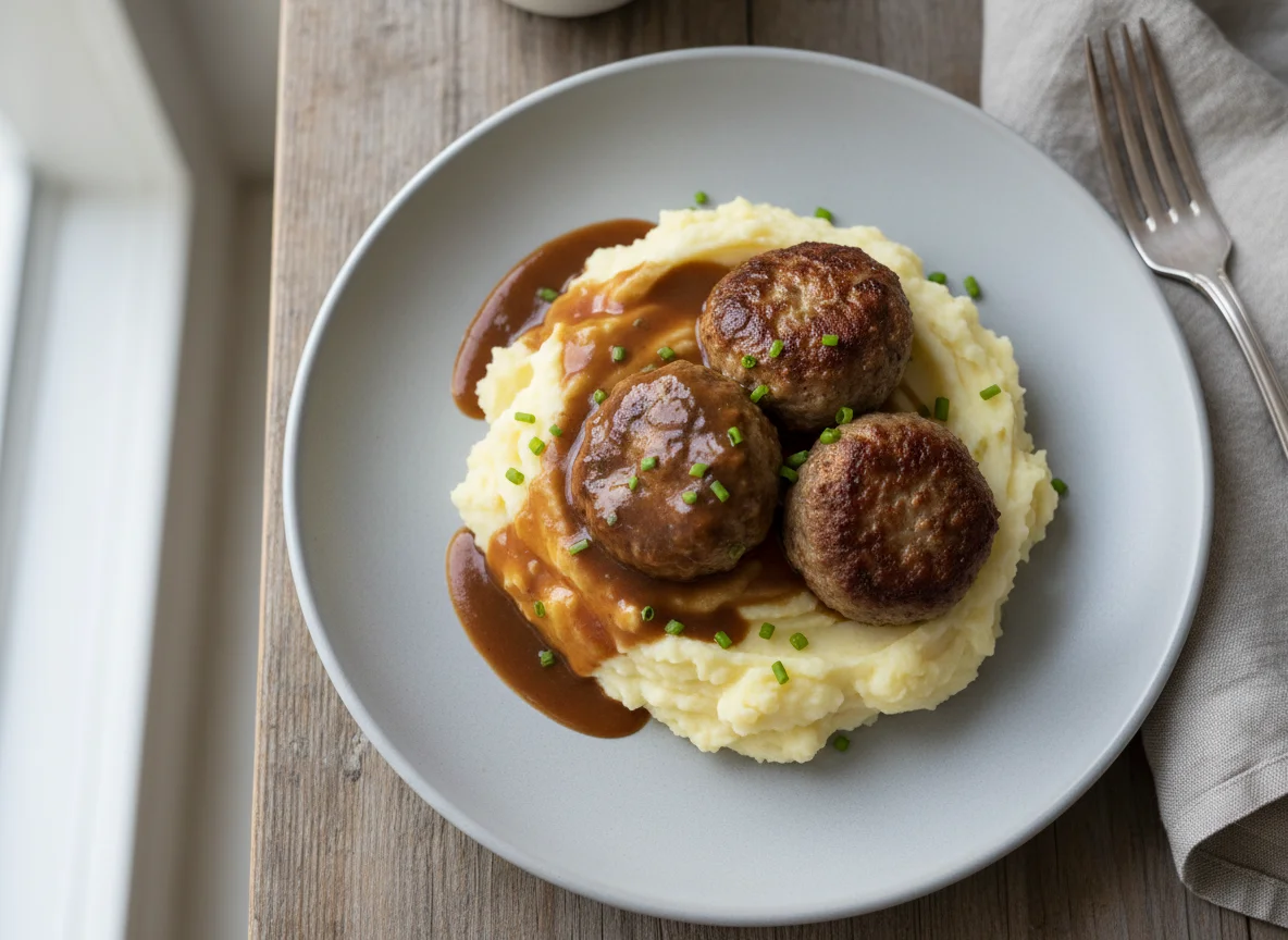 Fleischbällchen mit Kartoffelpüree und Bratensoße photo
