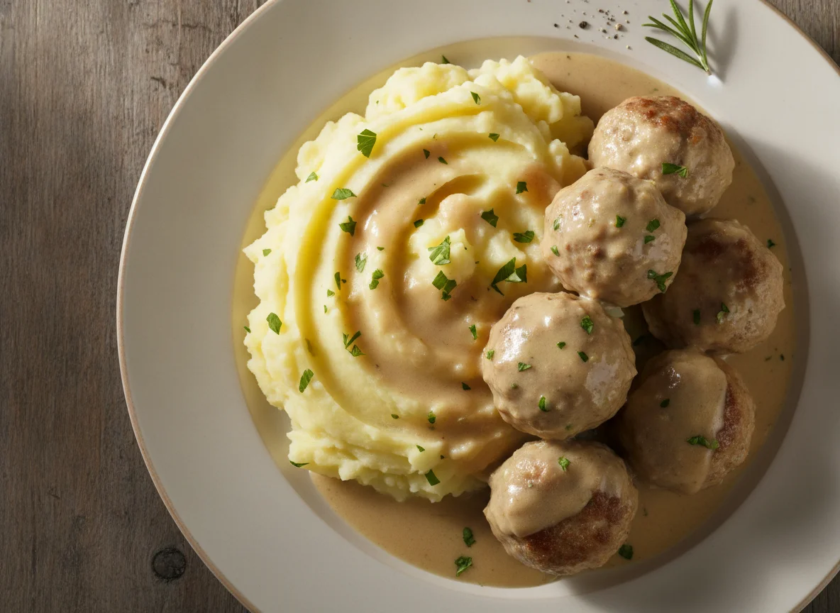 Fleischbällchen mit Kartoffelpüree und Rahmsauce photo