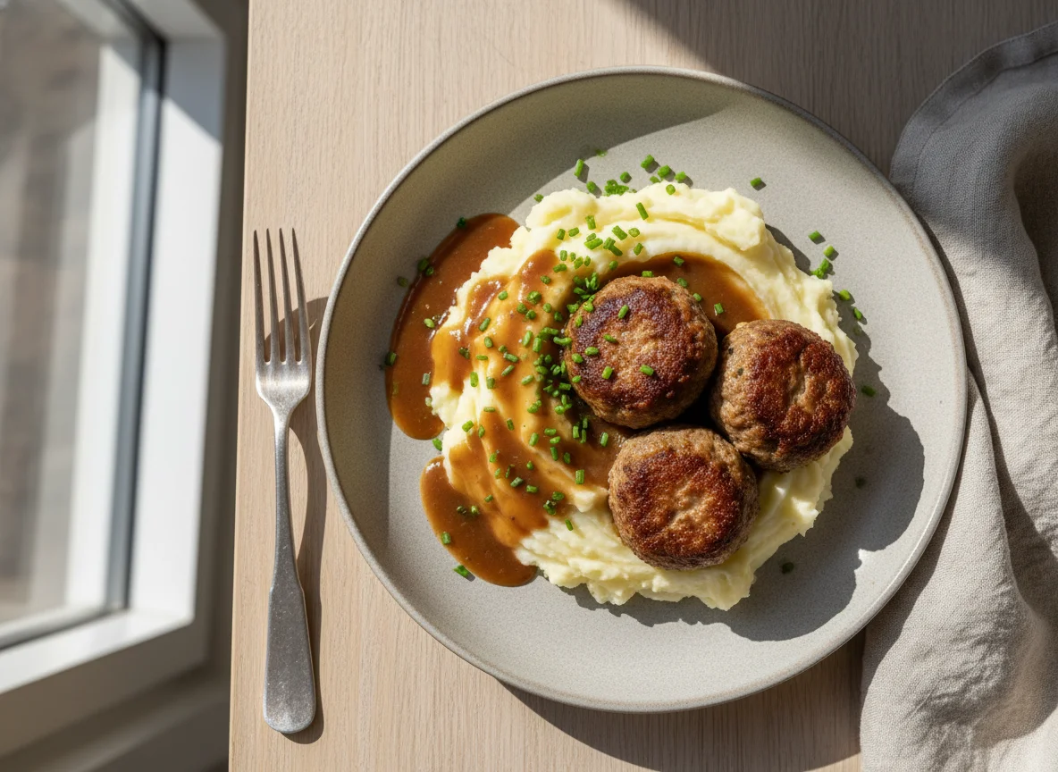 Fleischbällchen mit Kartoffelpüree und Soße photo