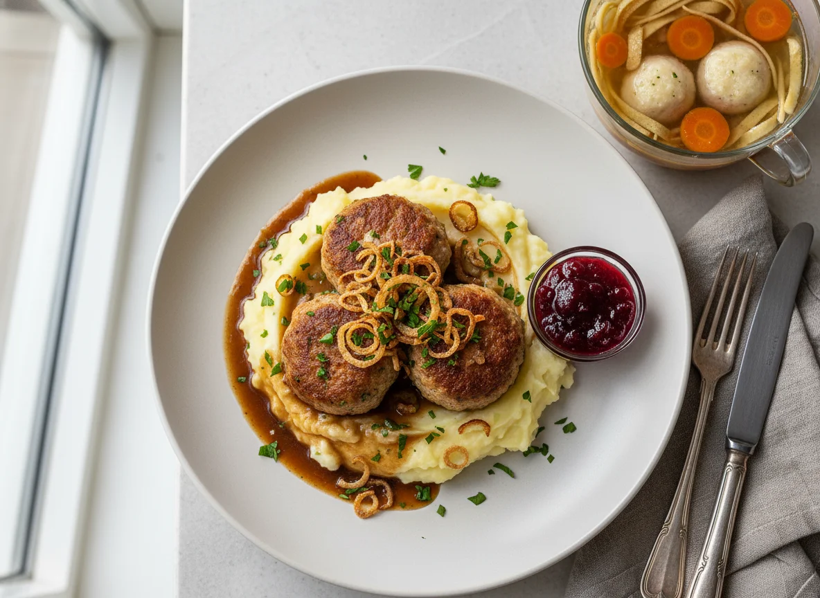 Fleischbällchen mit Kartoffelpüree und Suppe photo