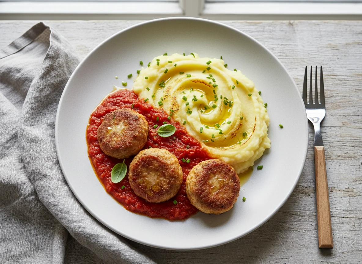 Fleischbällchen mit Kartoffelpüree und Tomatensauce photo