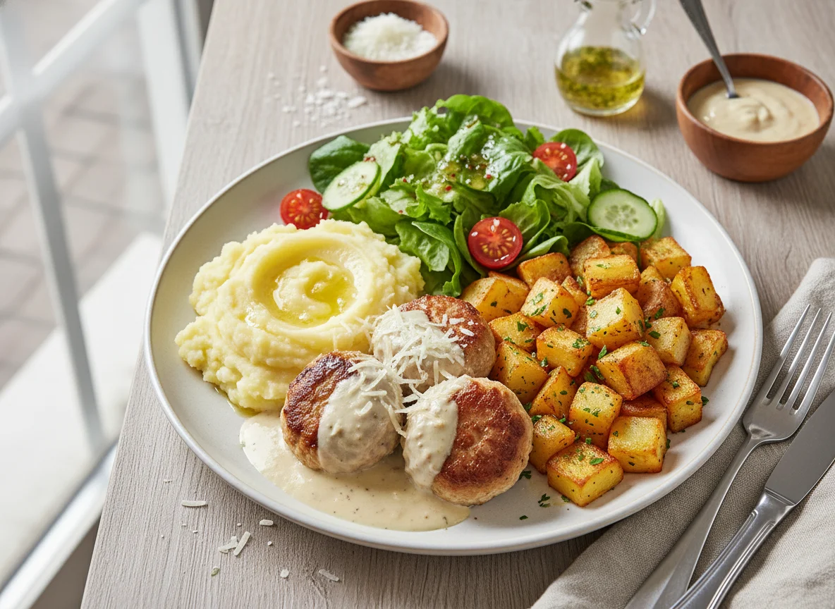 Fleischbällchen mit Kartoffelstock, Bratkartoffeln und Salat photo