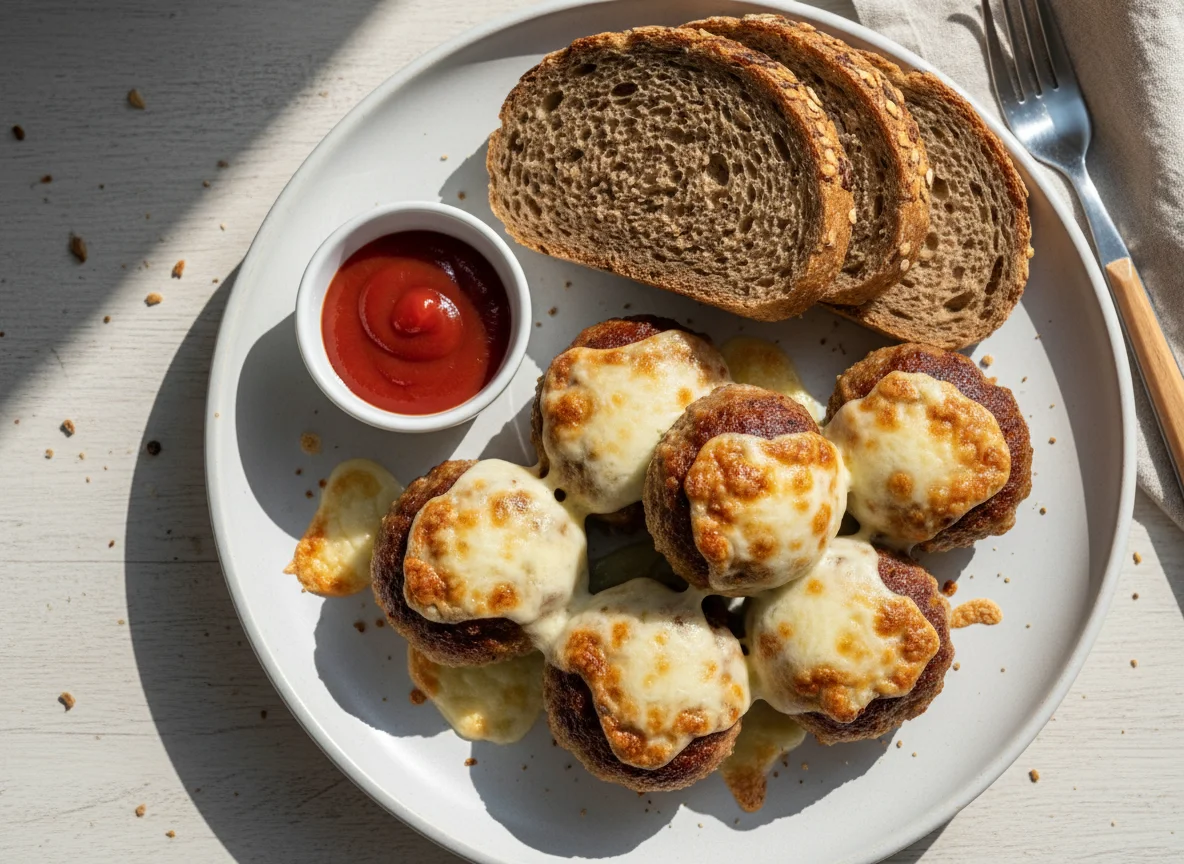 Fleischbällchen mit Mozzarella, Brot und Ketchup photo
