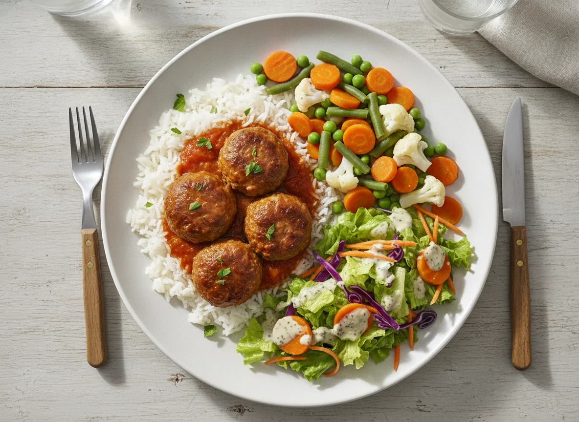 Fleischbällchen mit Reis, Gemüse und Salat photo