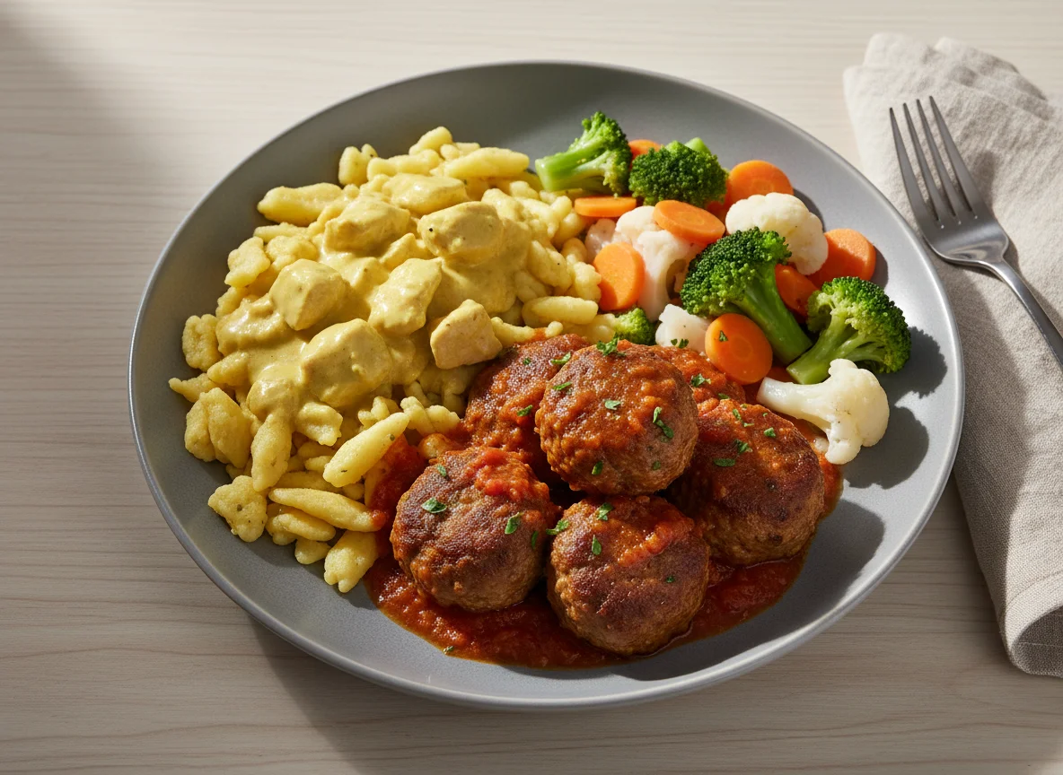 Fleischbällchen mit Tomatensauce, Nudeln und Gemüse photo