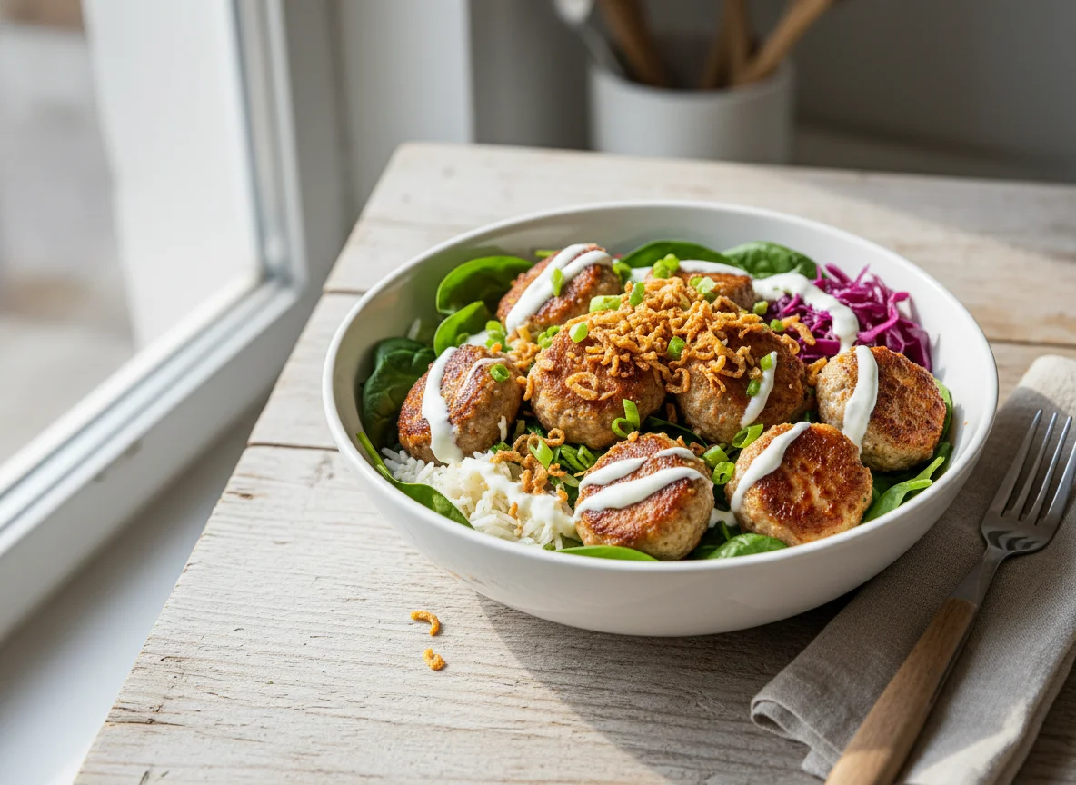 Fleischbällchen-Bowl mit Salat und Sauce photo