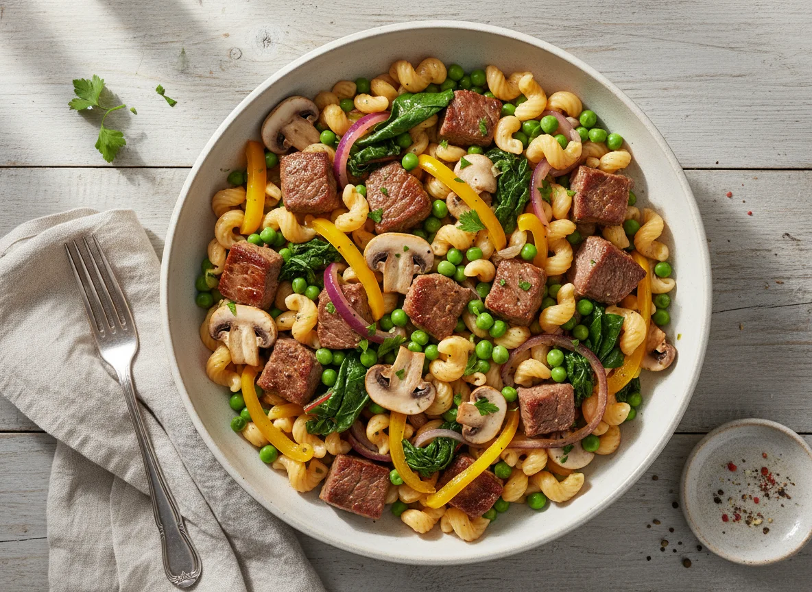 Fleisch-Gemüse-Pfanne mit Nudeln photo
