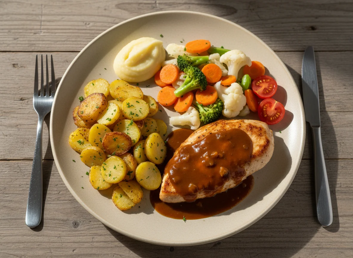 Fleischgericht mit Bratkartoffeln und Gemüse photo