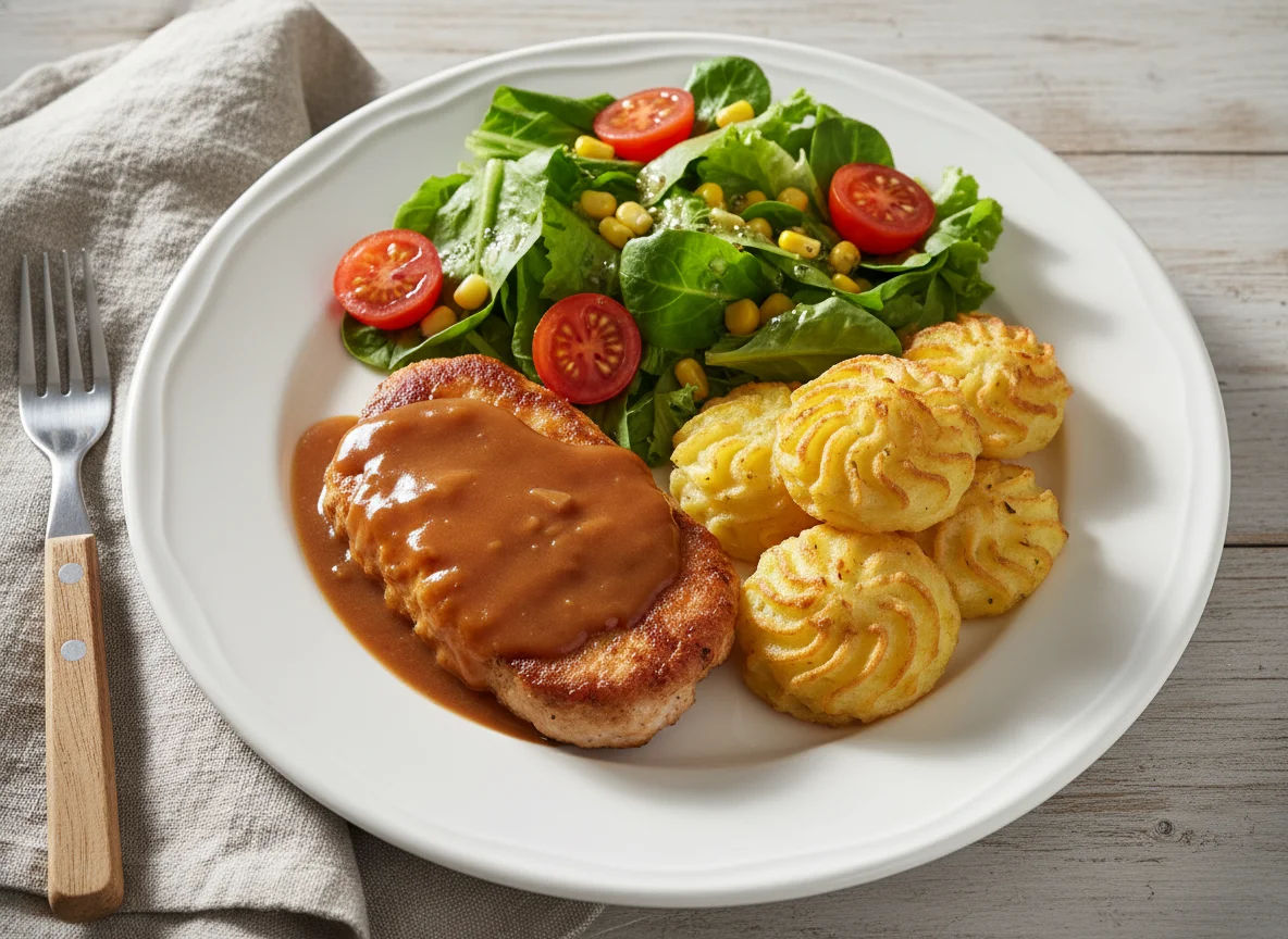 Fleischgericht mit Herzoginkartoffeln und Salat photo