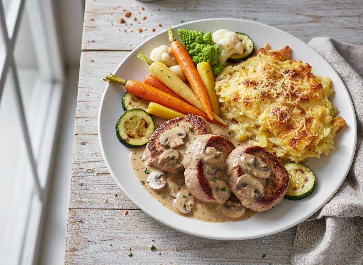 Fleischgericht mit Kartoffelgratin und Gemüse photo