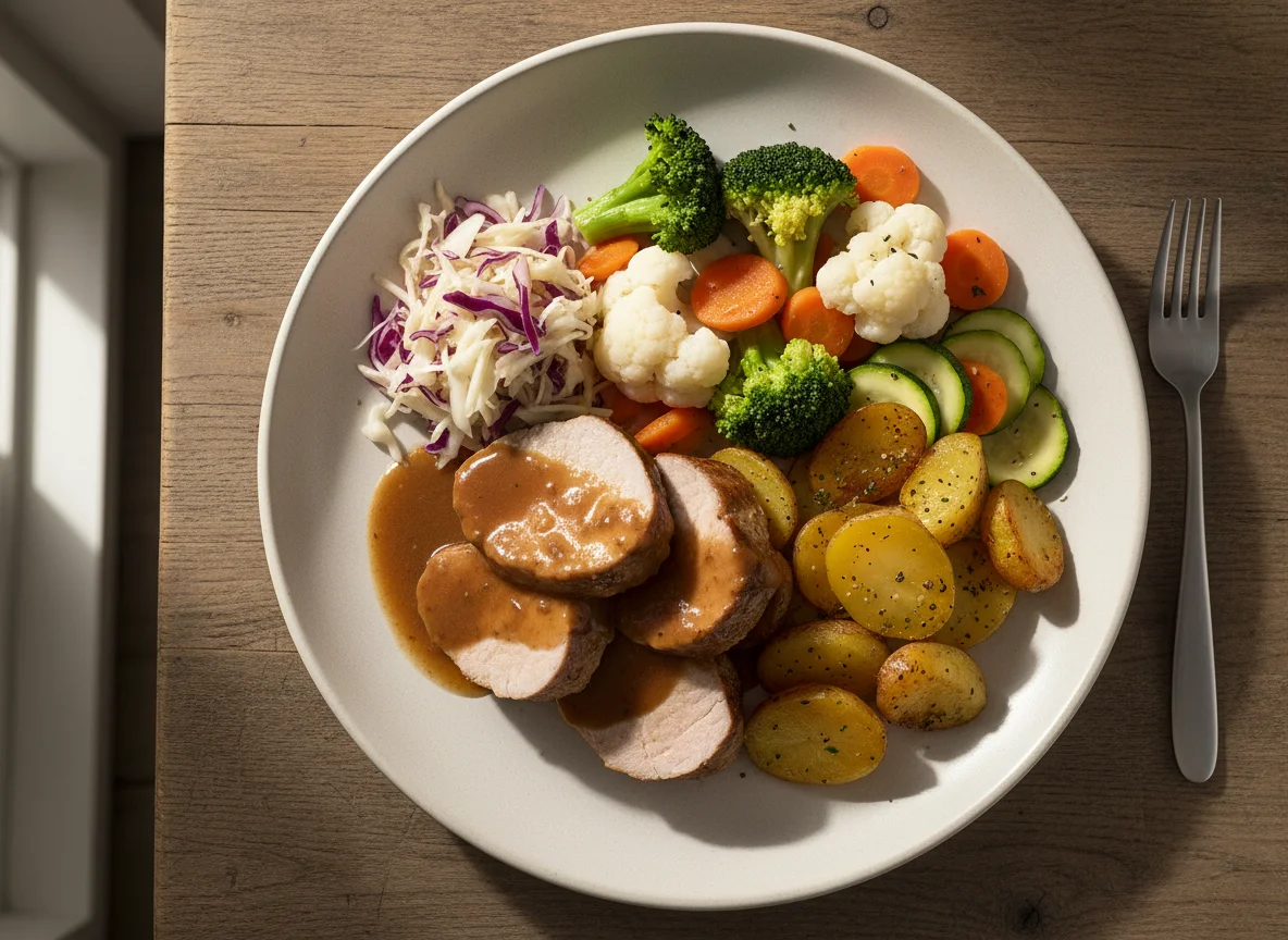 Fleischgericht mit Kartoffeln und Gemüse photo
