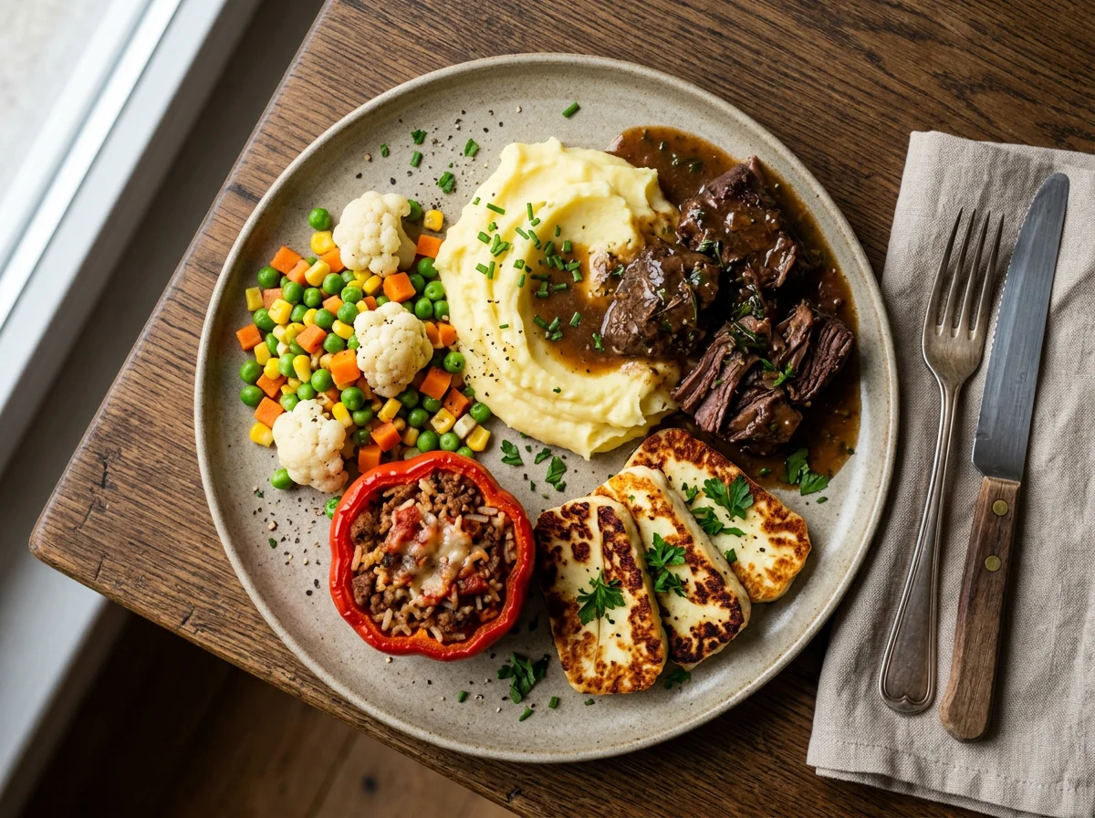 Fleischgericht mit Kartoffelpüree und Gemüse photo