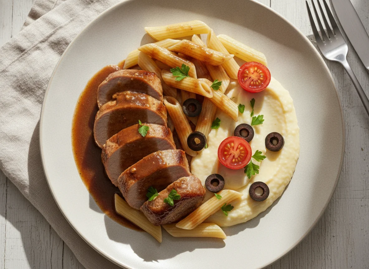 Fleischgericht mit Nudeln und Beilagen photo
