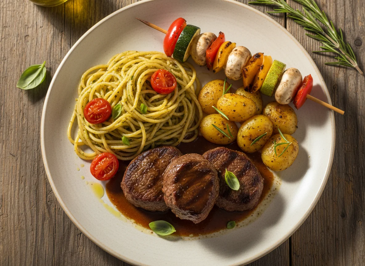 Fleischgericht mit Nudeln und Gemüse photo