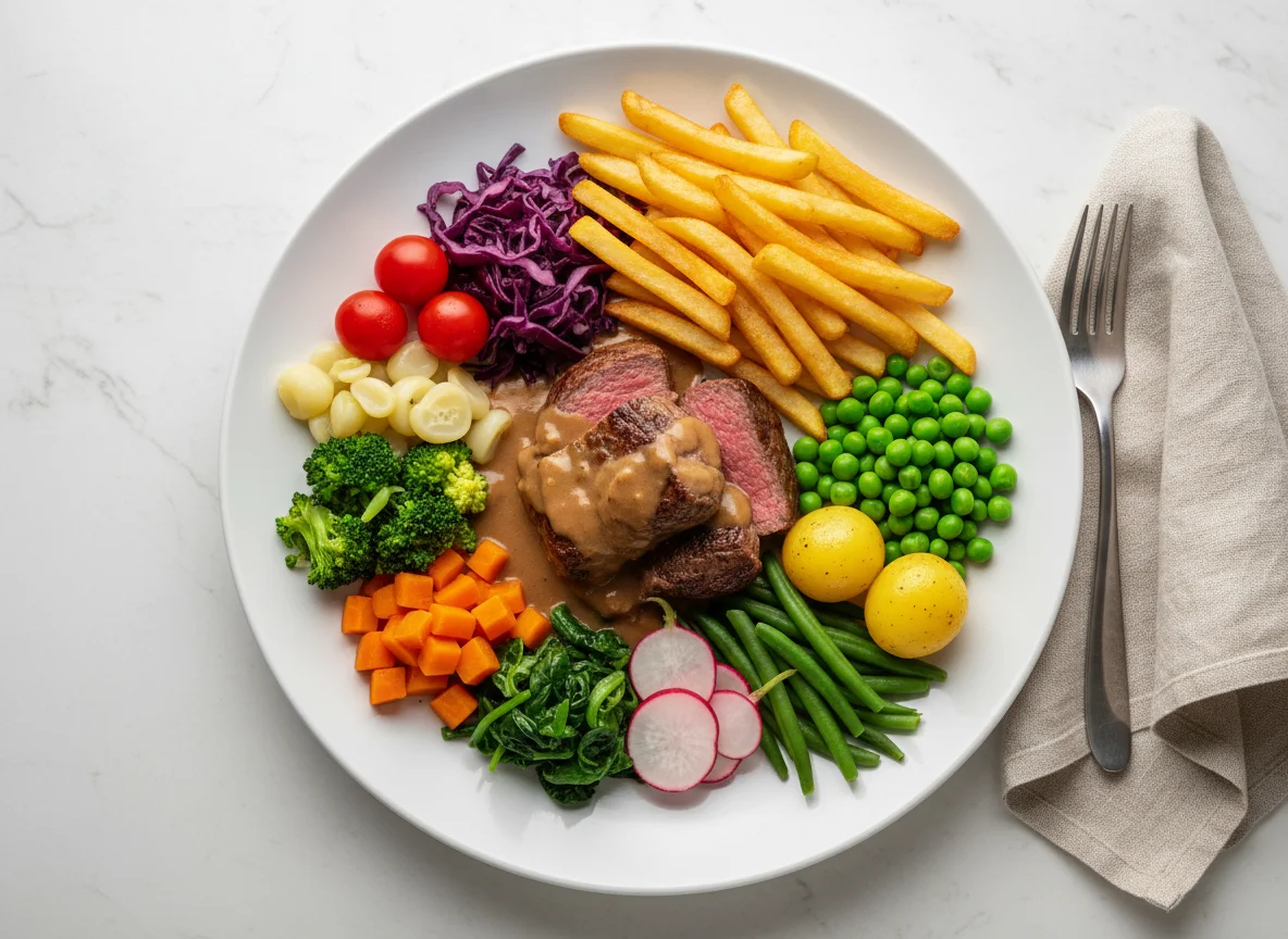 Fleischgericht mit Pommes Frites und Gemüse photo