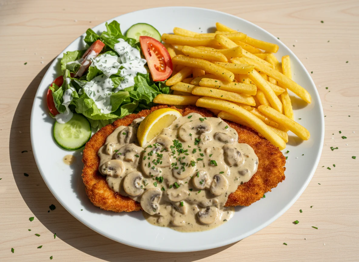 Fleischgericht mit Pommes und Beilagensalat photo