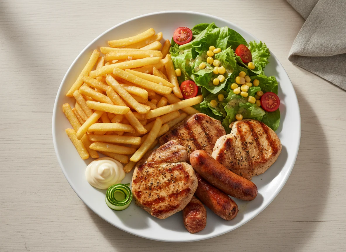 Fleischgericht mit Pommes und Salat photo