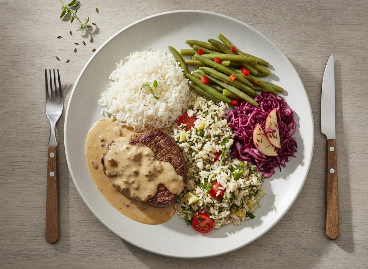Fleischgericht mit Reis, Bohnen und Krautsalat photo