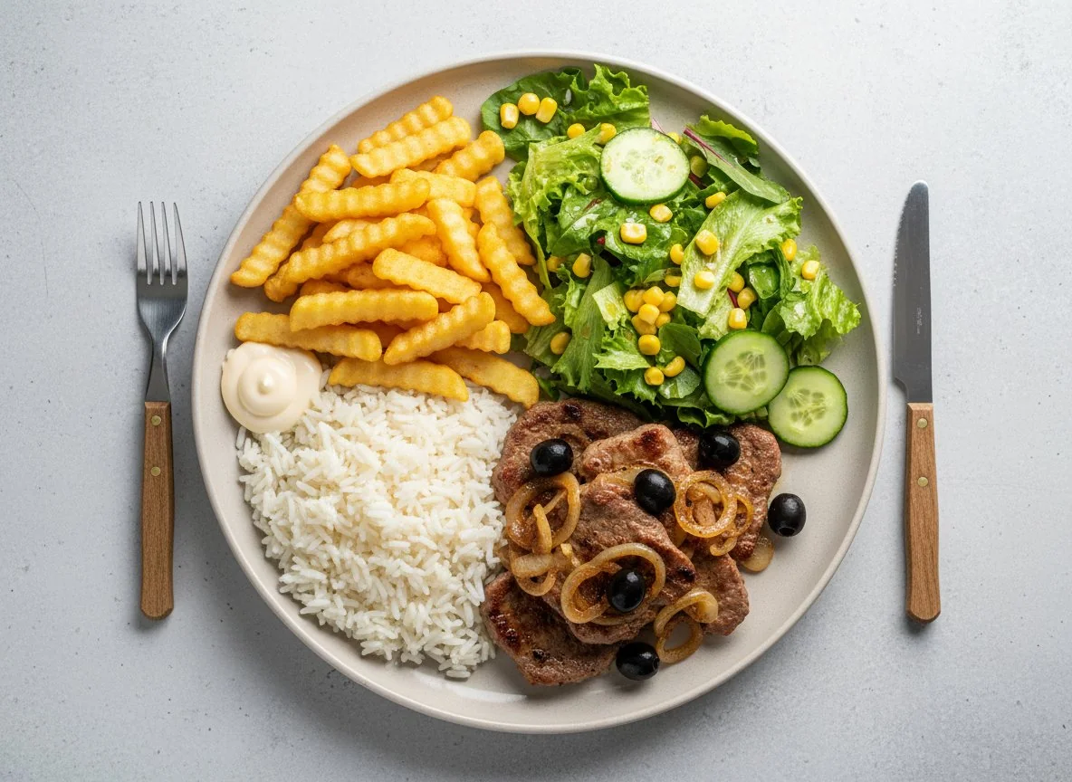 Fleischgericht mit Reis und Salat photo