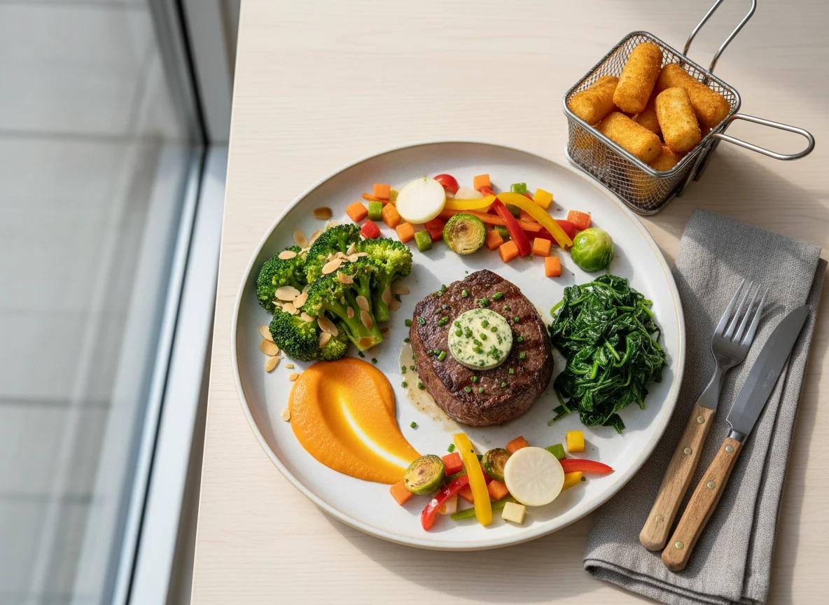 Fleischgericht mit verschiedenen Gemüsen und Kroketten photo
