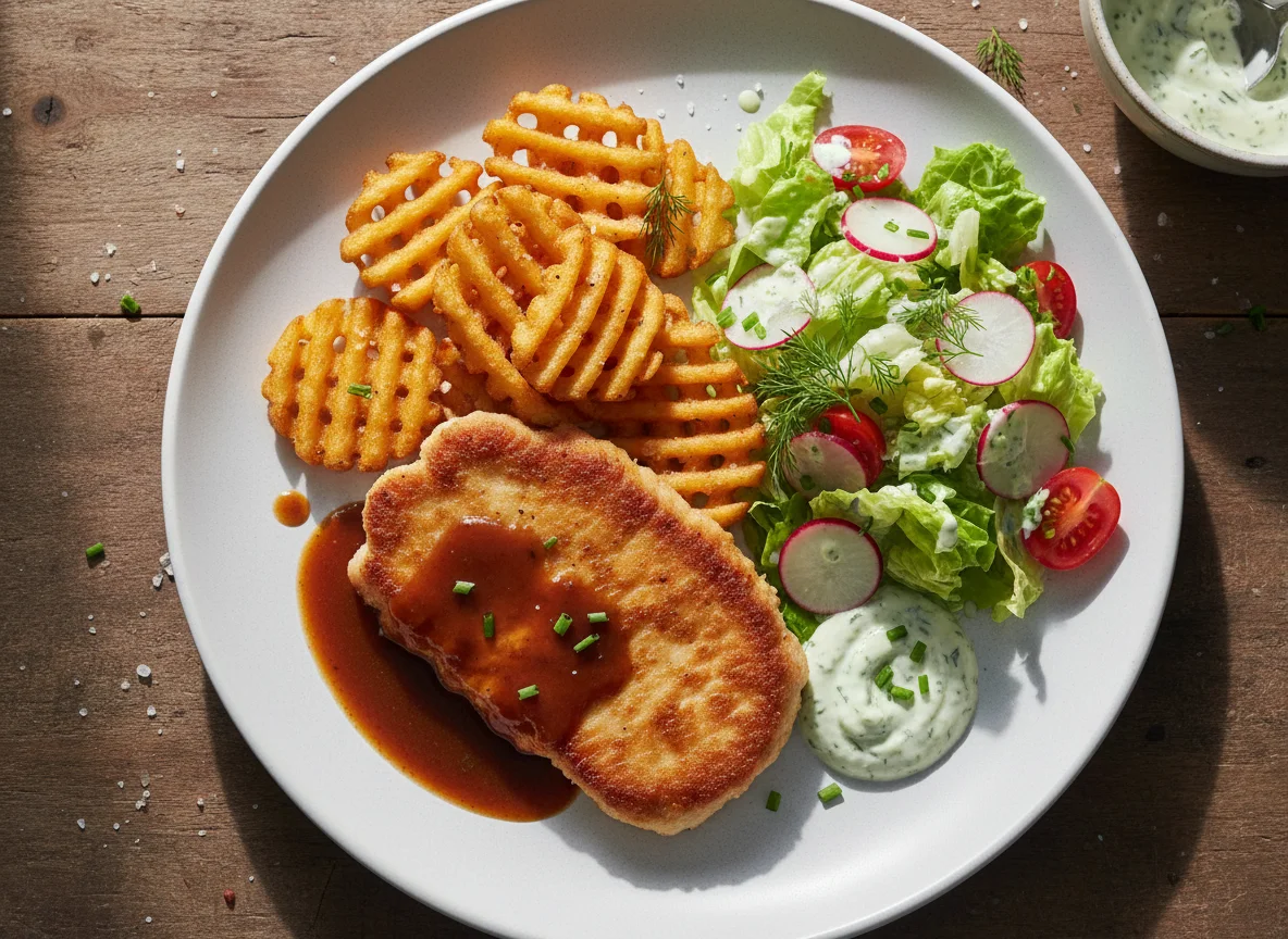 Fleischgericht mit Waffelpommes und Beilagensalat photo