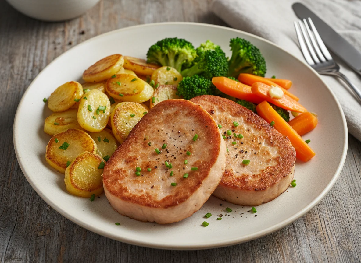 Fleischkäse mit Kartoffeln und Gemüse photo